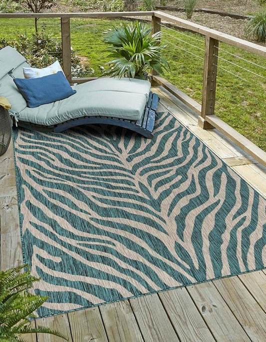 Unique Loom Outdoor Safari Collection Area Rug - Tsavo (9' x 12' Rectangle, Teal/ Ivory)