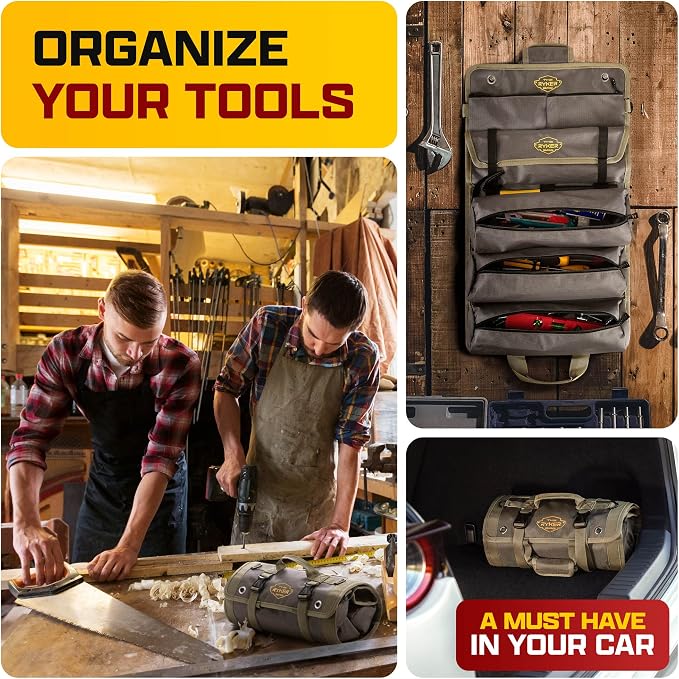 The Ryker Official PRO Tool BAG Organizer Heavy Duty Foldable Storage Bag with Detachable Pouches, Wrench Holder, Rugged Canvas for Mechanics, Electricians, Motorcycle Use, Practical Gift for Dads