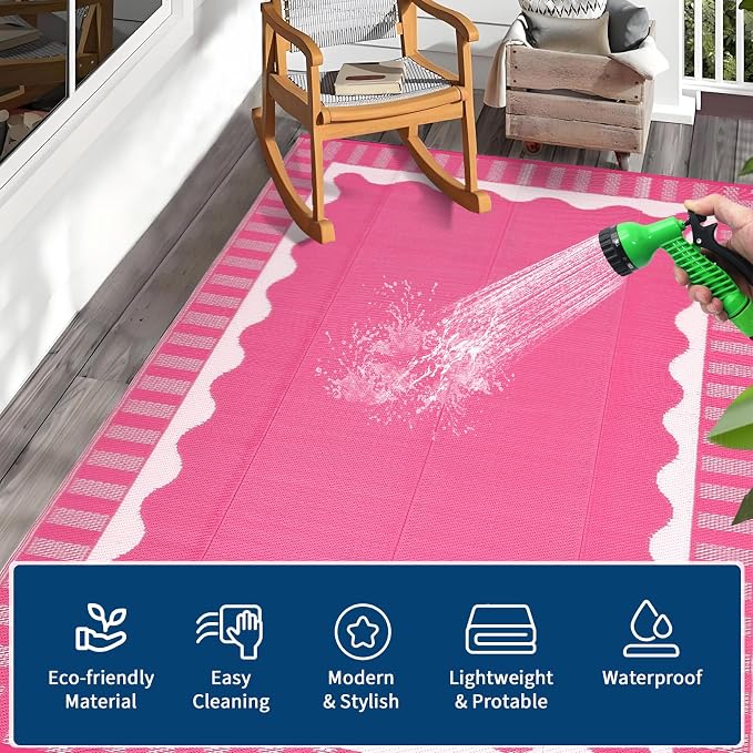 Garvee Scalloped RV Rugs for Outside 9x18 Patio Rugs Outdoor Waterproof, Modern Border UV Resistant Reversible Rug, Foldable Plastic Straw Carpet for Picnic, Backyard, Porch, Beach, Camper, Hot Pink