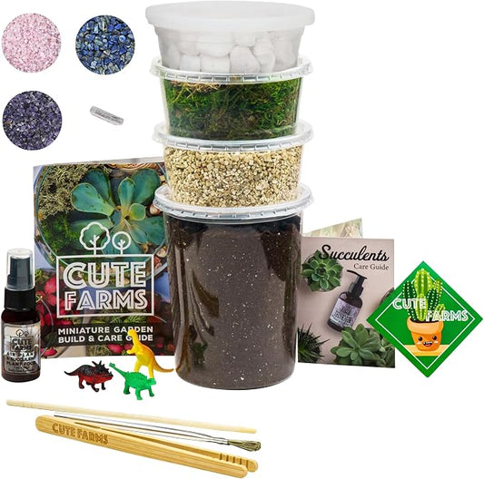 Cute Farms Terrarium Starter Kit | Moss, Vermiculite, Soil, Pebbles, Plant Food, & Finishing Tools (Large Kit + Crystals)