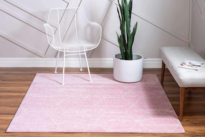 Unique Loom Trellis Frieze Collection Area Rug - Geometric (7' 10" Square, Light Pink/ Ivory)