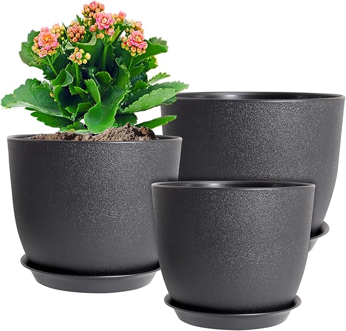 WSMKSZ 12/10/9 inch Big Flower Pots, 3 Pack Modern Decorative Plastic Planters with Drainage Holes and Tray, Plant Pots for Indoor Outdoor Plants, Black