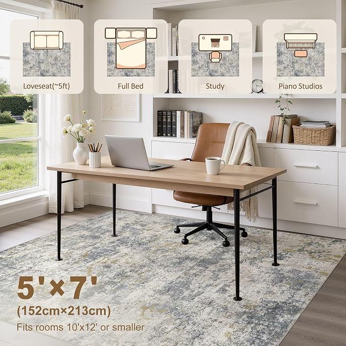 kakania Washable 5x7 Area Rug for Living Room: Abstract Modern Home Decor | Soft Stain Resistant, Low-Pile, Non-Slip, Pet & Kid Friendly, Thin Rug for Bedroom/Dining Room/Kids Dorm - Blue Grey