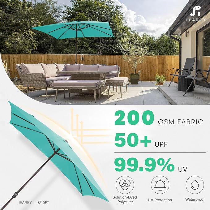 JEAREY 8x10 ft Rectangular LED Lighted Patio Umbrellas Outdoor Solar Table Market Umbrella w/Crank, 8 Sturdy Ribs, UV Protection Waterproof Sunproof(Teal)