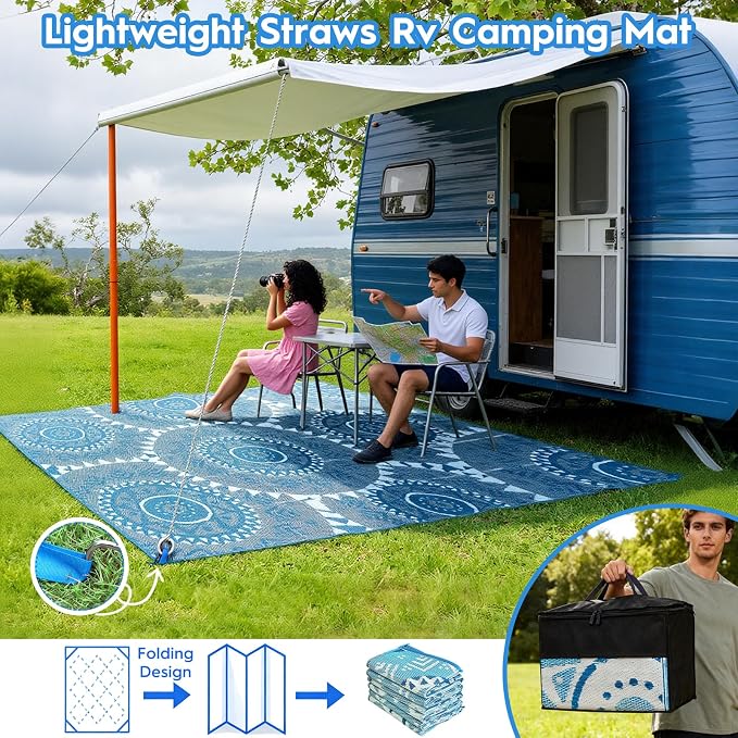 Alfolo 9x12 Outdoor Patio Rug - Waterproof Reversible Plastic Straw Mat, UV Resistant & Easy Clean, Foldable Camping Carpet with Carry Bag for RV, Deck, Pool & Picnic (Navy Blue Boho)