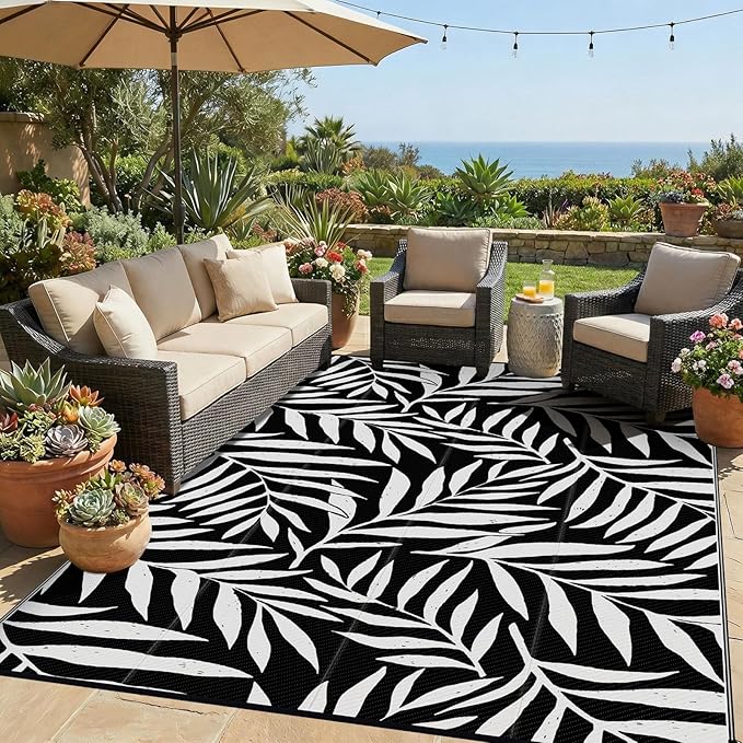 Smiry Outdoor Rug 9x12 ft, Waterproof Reversible Plastic Straw Rugs, Outdoor Area Rug with Leaf Pattern, Outside Floor Mat for Patio, Backyard, Deck, Picnic, Beach, Camping, Black & White