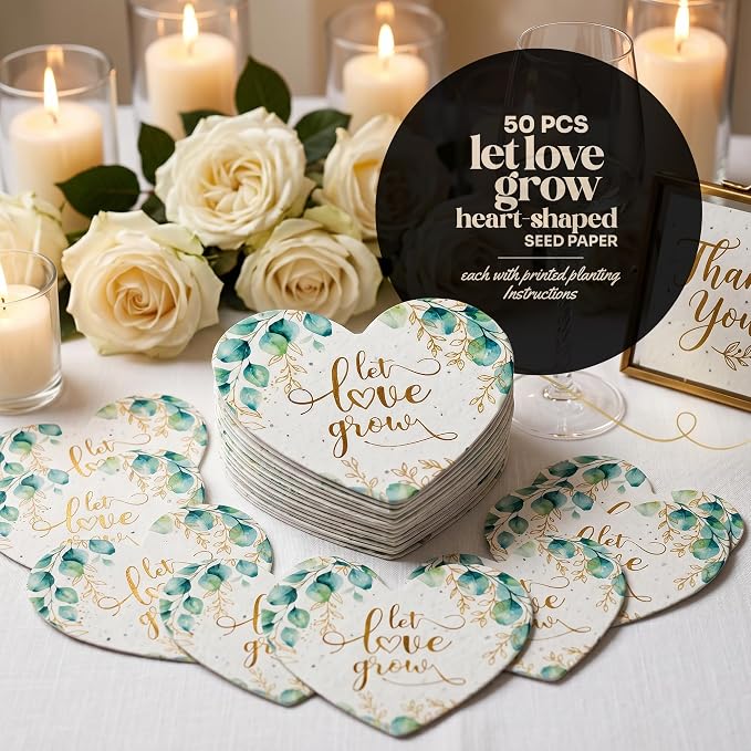 50pcs Large (2.5" h x 2.85" w) Printed Let Love Grow Heart-Shaped Seed Paper – Writable & Plantable Wildflower, Mom's Gift for Birthday, Use for Wedding, Baby Shower, & Heart Party Favors