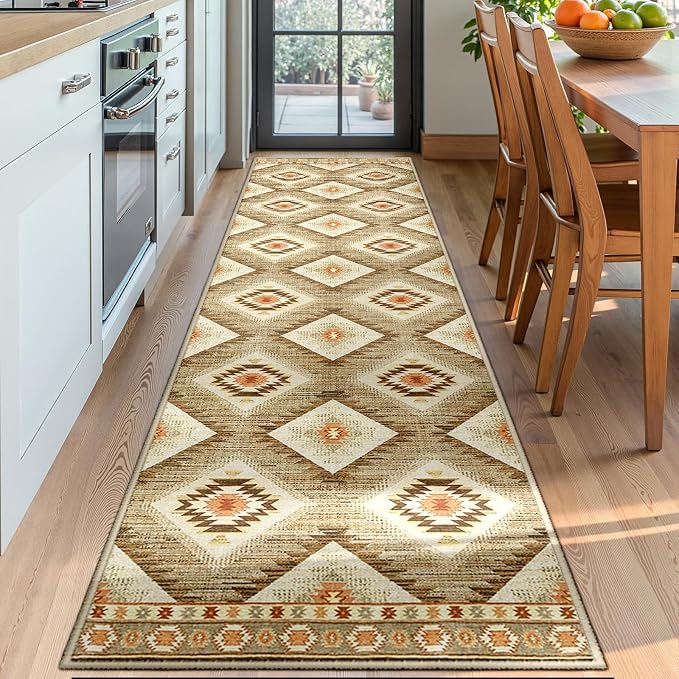Area Rug 2x6 Rug Machine Washable Non-Slip Low Pile Print Pattern Western Rug for Living Room Bedroom Entryway Tribal Series -Cream/Camel | Soft Western No Slip Low Pile Print Foldable Indoor Small Rug for Kitchen entrance entryway hallway