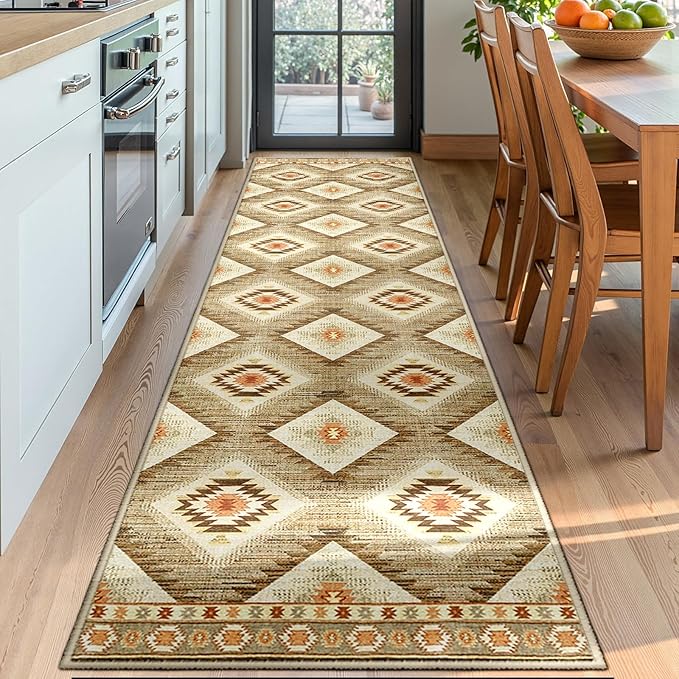 2'x10' Washable Area Rug for Living Room Runner Cream/Camel | Soft Western No Slip Low Pile Print Foldable Indoor Small Rug for Kitchen entrance entryway hallway