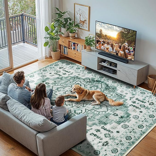 LBRO2M Machine Washable Rug Soft Pet Friendly Carpet 9X12 Green | Persian Large Rug 9X12 for Living Room, Bedroom, Dining Room, Home Office, Non Slip Soft Carpet, Stain Resistant Rugs