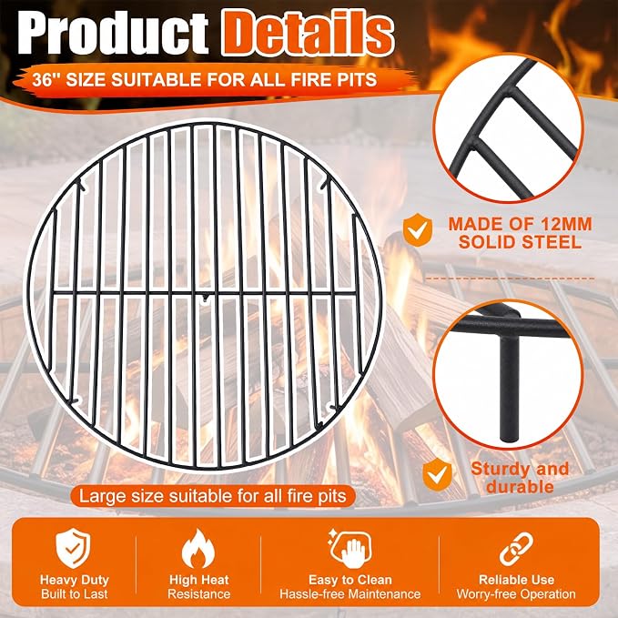 36 Inch Fire Pit Grate Round Heavy-Duty Steel Fire Pit Grate with Elevated Legs, Multi-Functional Log Holder for Fireplace Outdoor Camping, Backyard Barbecue, Cooking