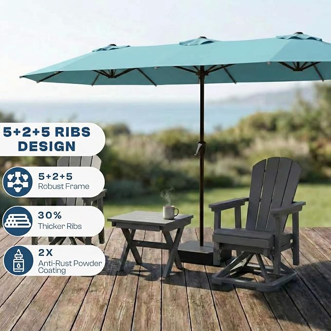 15FT Large Patio Umbrella with Base Included, Double Sided Outdoor Market Umbrella with Flexible Fiberglass Ribs, UV-Blocking Extra Large Umbrella for Garden, Pool, Deck, Sky Blue
