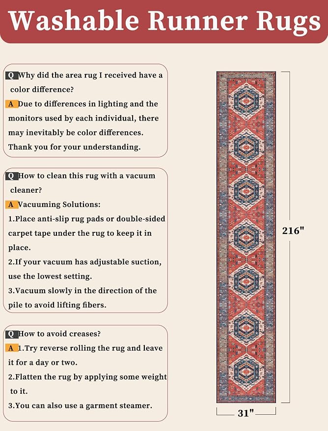 SERISSA 2'6"x18' Washable Non Slip Boho Runner Rug for Hallway，Rust | Ultra Soft Vintage Oriental Carpet Low-Pile Extra Long Tribal Floor Carpet for Kitchen Bedroom Entryway Bathroom Laundry Room