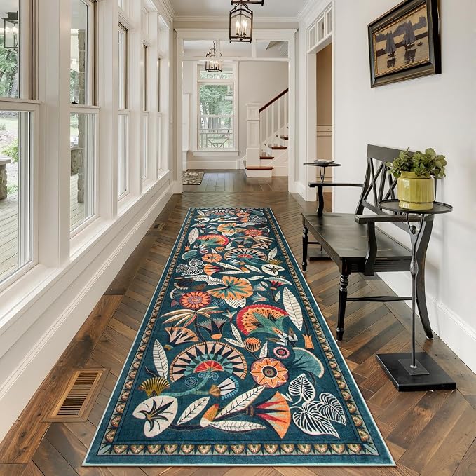 Zealude Boho Washable Green Bathroom Kitchen Runner Rug, 2x8 Egypt Hallway Entryway Rug Runner, Non Slip Botanical Floral Vintage Carpet for Entry Living Laundry Room (Dark Green, 2 x 8)