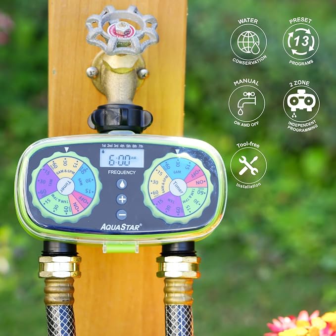 AQUASTAR Two-Zone Hose Watering Timer (Green), Automatic Irrigation for Lawn, Garden, Yard, Two Outlets