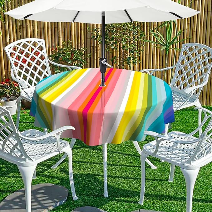 Mexico Strip Round Outdoor Tablecloth with Umbrella Hole 60" x 60" Waterproof Zipper Table Cloth for Patio Table - Ideal Tablecloths for Picnics, Camping, and Yard Use