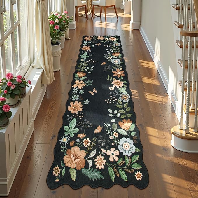 Lahome Floral Runner Rug for Hallways, 2'6''x8' Kitchen Runner Non Slip | Scalloped Soft Washable Hallway Rugs with Rubber Backing Carpet for Laundry Bedroom Bathroom Flore (Black/Grey)