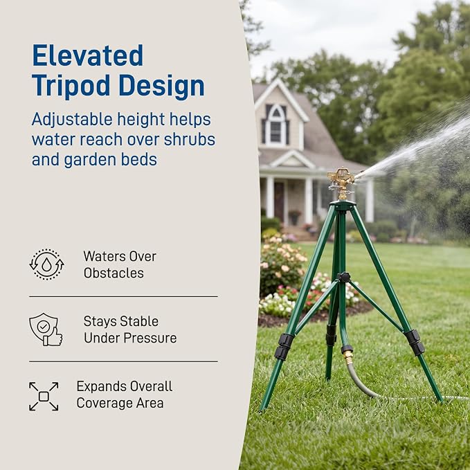 Orbit 1/2 Inch Brass Impact Sprinkler - Adjustable Metal Tripod - Long Range Lawn Watering System - 360 Degree Rotating Sprinkler - Heavy Duty Irrigation System - Adjustable 22-48 Inch Height - 58308