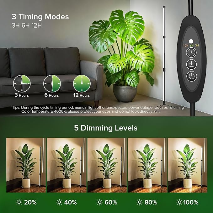 80W Grow Light with Stand for Indoor Plants, 47-Inch Full Spectrum Standing Lamp, 3-Tier Vertical Design with 3/9/12H Timer, 5 Dimmable Levels for Large Houseplants, Plant Shelf, Indoor Greenhouse