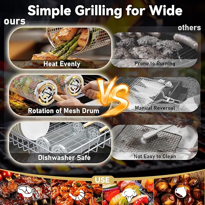 Rolling Grill Basket for Veggies, Heavy Duty 304 Stainless Steel BBQ Grilling Basket with Lock-Tight System, Removable Handles, Nesting Storage, Smoker Camping Accessories, Gifts for Men Dad Husband(2PCS)