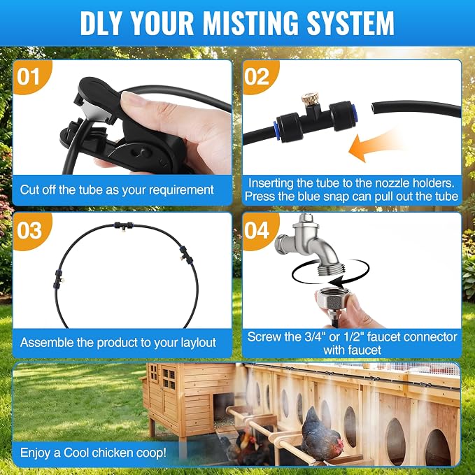 Dreyoo Misters for Outside Patio, 20FT Chicken Coop Misting Cooling System with 10 Brass Nozzles & Fliter & 3/4" Adapter, Outdoor Misting System for Garden, Greenhouse, Trampoline & Canopy