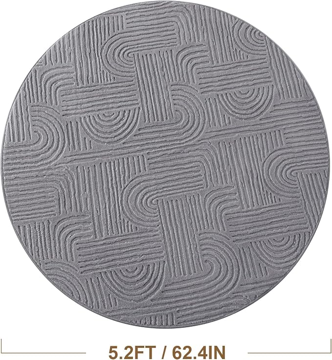 Carvapet 5.2ft Round Abstract Rug Dark Gray Washable High Low Pile Carpet | Soft plush textured rug with non slip backing for living rooms, bedrooms, nurseries and cozy indoor spaces