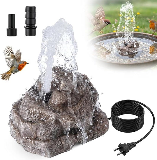 Saillong All Weather Electric Bird Bath Fountain, 8W Water Pump Resin Granite Rock with 2 Nozzles ＆ 3 Adjustable Flow Modes, IPX8 Waterproof Outdoor Fountain Pump for Bird, Birdbath, Fish Tank, Ponds