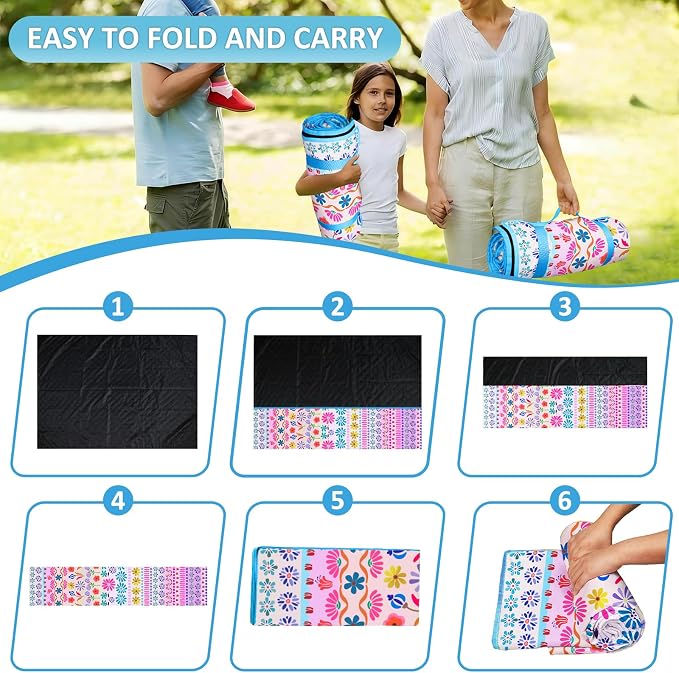 Floral Picnic Blankets Waterproof Foldable, 80″X80″ Extra Large Picnic Mat Boho Outdoor Blanket for Grass, Cute Packable Beach Blanket Sandproof Picnic Accessories for Camping Music Festival Park Lawn