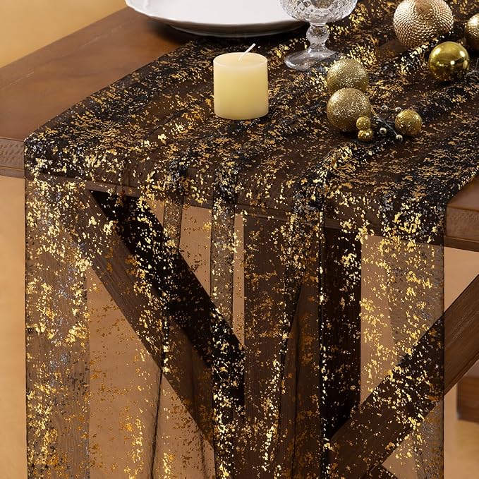 Socomi Christmas Snow Table Runner Gold Gauze Sheer Chiffon Cheesecloth Sequin 10FT Glitter Metallic Foil Dining Wedding Birthday Party Fall Winter Holiday Centerpiece Table Decor 3pcs Black