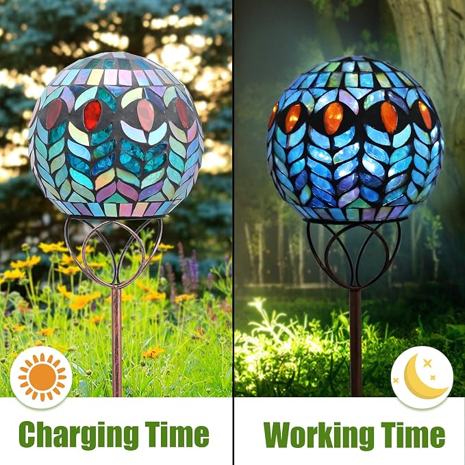 VCUTEKA Decorative Solar Garden Lights, 6" Mosaic Globe Outdoor Stake | Mosaic Glass Design with Solar Light, Weather Resistant, Auto On/Off and Metal Stake Design For Lawn and Patio, Red & Blue
