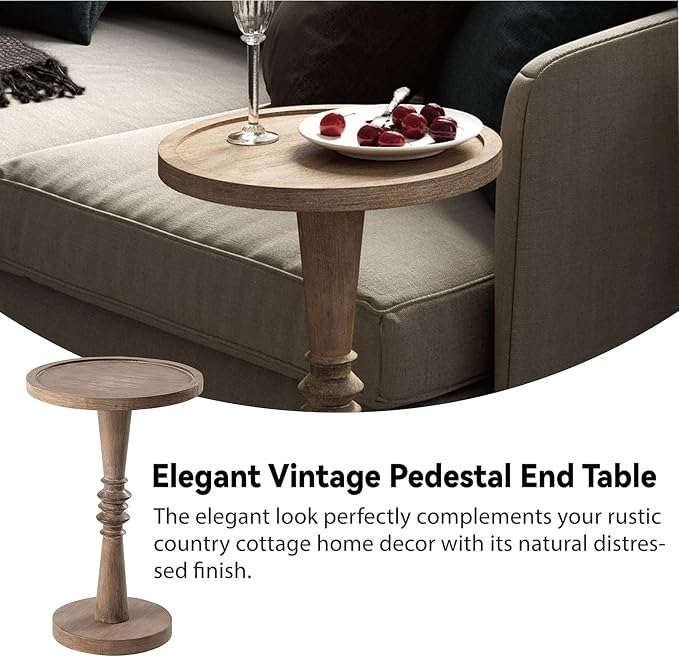 COZAYH Traditional Rustic Pedestal Table, Round Tray Top End Table with Farmhouse Style Distressed Finish for Small Spaces, Brown