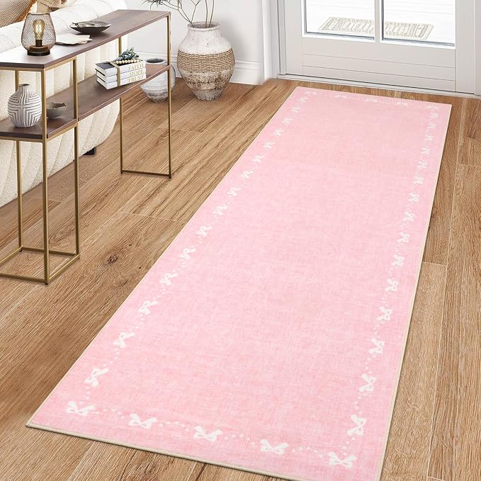 COZYLOOM 2x6 Bow Border Runner Rugs for Entryway, Kitchen Rugs Non Slip Washable, Stain Resistant Modern Solid Color Accent Rug Non Shedding Low Pile Soft Mats for Hallway, Bathroom, Bedroom, Pink