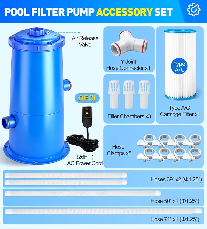 DeeprClean 1000 GPH Pool Filter Pump for Above Ground Pools, Type A/C Cartridge Filter Pump System, Safety ETL Listed Above Ground Pool Pump with GFCI, Improved Water Circulation & Filtration -Cyan