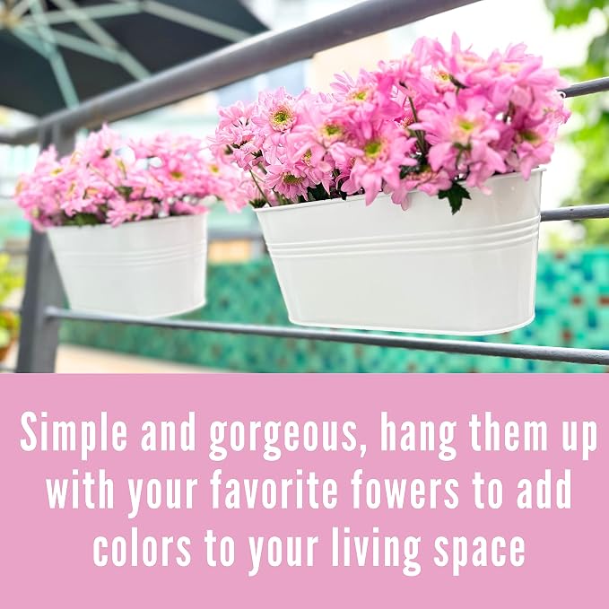 LaLaGreen Rail Planter Outdoor Plants (11.8 Inch, 12 Pack) White Metal Iron Hanging Flower Pots Deck Railings Fence Buckets Modern Countryside Boho Style Wall Mount Window Box Holder Hooks Porch Decor