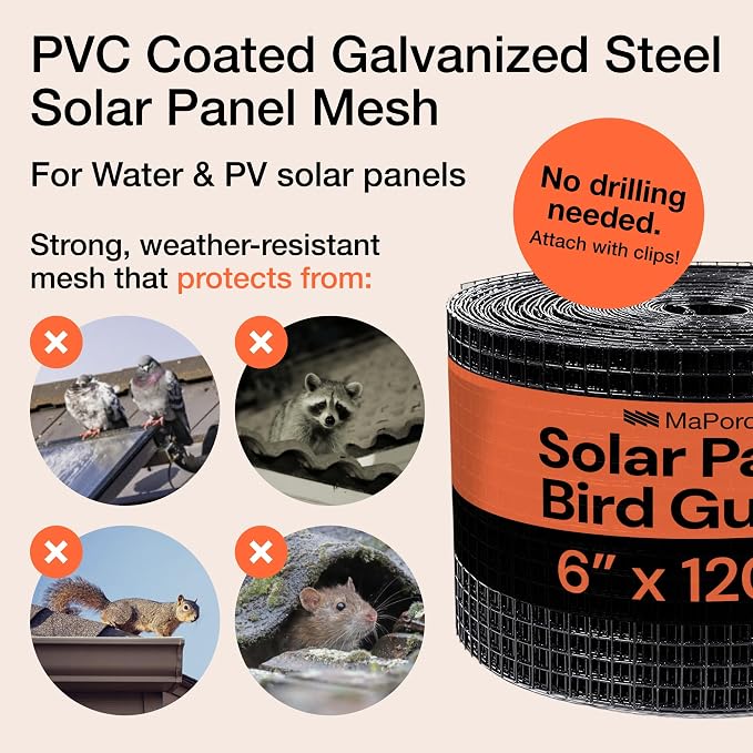 MaPorch Solar Panel Squirrel Netting - PVC Coated Galvanized Steel Mesh - 6 in x 50 ft Black, Under Fence Barrier Mesh - Squirrel Wire Guard & Bird Netting, Solar Panel Protection & Garden Fencing | PVC Coated Wire Screen - Water & UV Resistant - Netti...