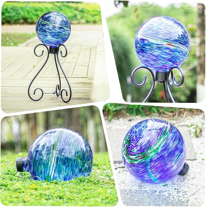 VCUTEKA Gazing Balls, Glass Gazing Ball Garden Globe Outdoor Decor 10" Blue | Handcrafted blue swirl glass gazing balls that creates elegant garden focal point in any outdoor landscape yard decorative