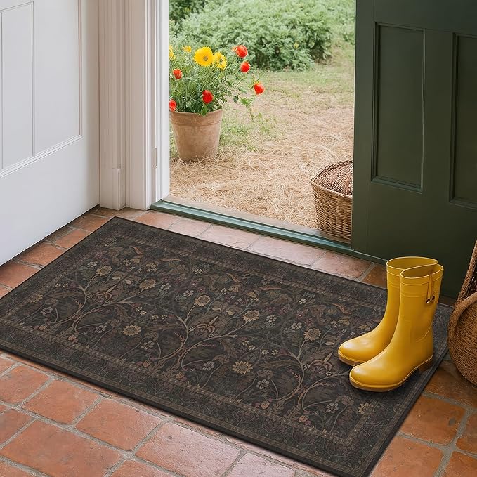 Washable 2x4 Traditional Small Rugs for Entryway, Dark Brown Kitchen Rugs Non Slip Bathroom, Botanical Woodland Pattern Carpet for Bedroom Bedside, Mudroom