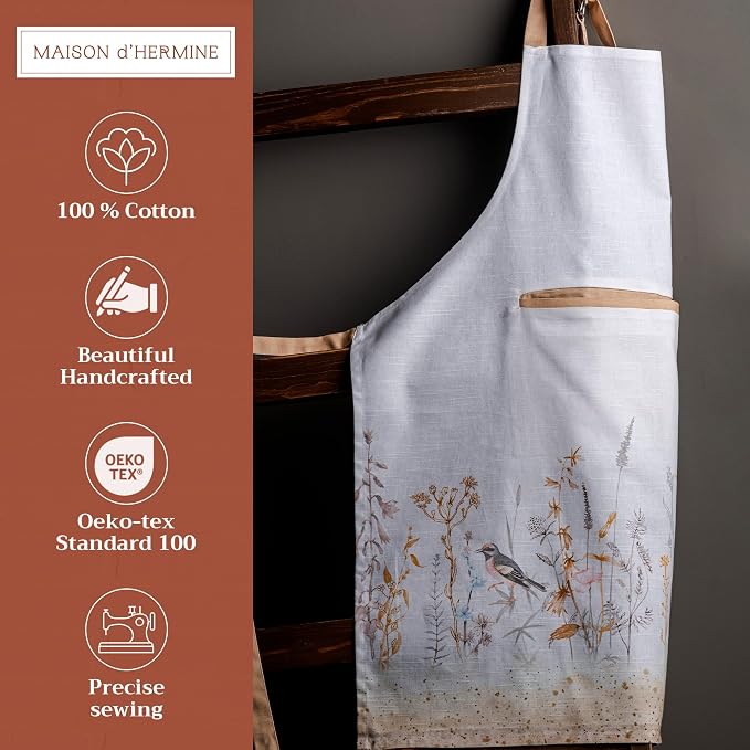 Maison d' Hermine Aprons for women with Pocket 100% Cotton (27.50"x31.50") | Adjustable Neck Strap & long ties Apron Men Chef Wedding Cooking Gardening Server Maid