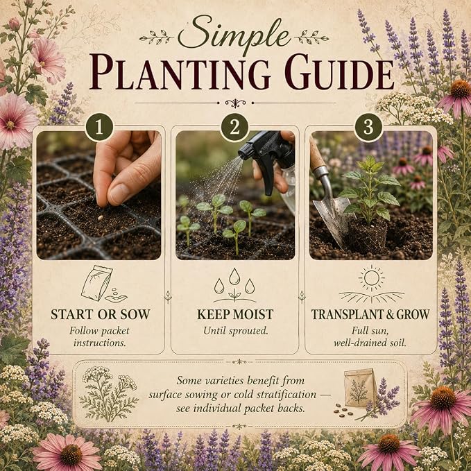 Old-World Apothecary Garden Seeds, 6 Medicinal Herb & Perennial Flower Seed Packets for Cottage, Pollinator, Herbalist & Herb Gardens