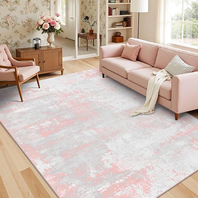 Latte&Fog 6x9 Area Rugs for Living Room Modern Abstract Washable Pink Rugs | for Dining Kitchen Kids Nursery Playroom Guest Room Classroom Dorm Farmhouse Office, Non Slip Low Pile Soft Floral Carpets