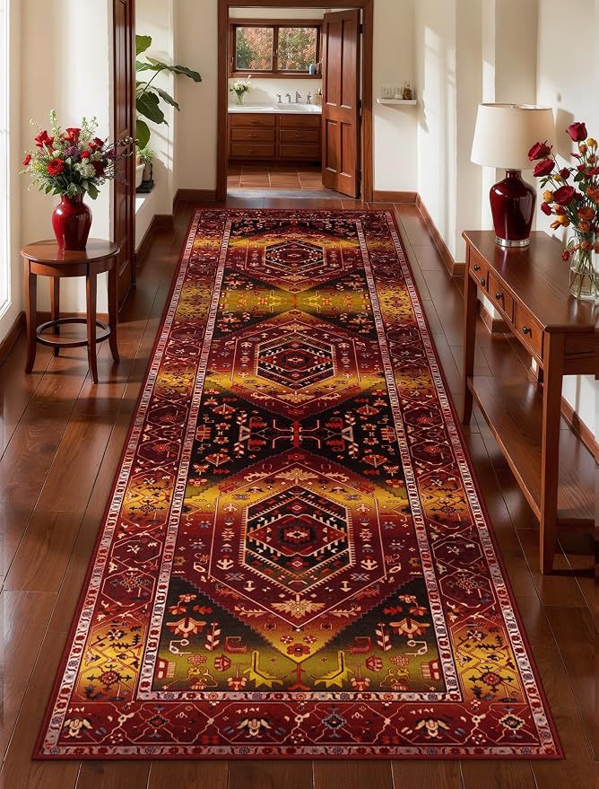 SERISSA 2'6"x8' Washable Non Slip Boho Runner Rug for Hallway | Ultra Soft Vintage Oriental Carpet Low-Pile Rustic Red Gold Floor Carpet for Kitchen Bedroom Bathroom Laundry Room
