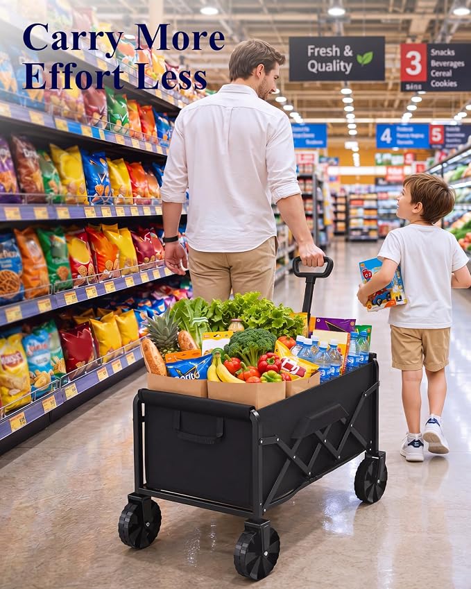 Kitsure Collapsible Wagon with Wheels, Foldable Dog Wagon Carts with 200lbs Load Capacity, Utility Shopping Cart, Black, 28.0" x 17.0" x 36.0"