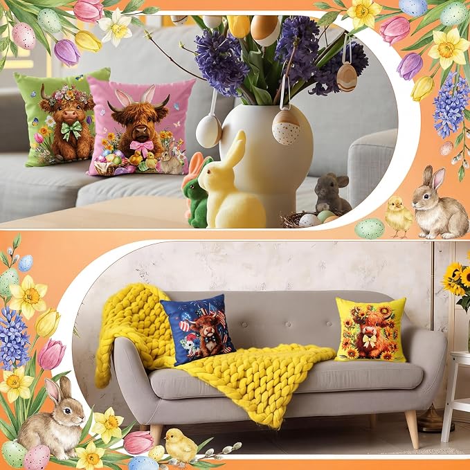 Mindsoft 20 Pcs Holiday Pillow Covers 18 x 18 Easter Pillow Cover Spring Summer 250th Anniversary Pillowcase Decorative Seasonal Cushion Case for Farmhouse Home Sofa(Highland Cow)
