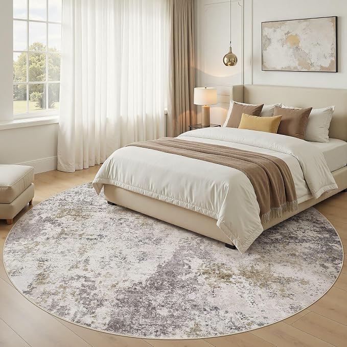 Nakagishi 8X8 Abstract Washable Area Rugs for Living Room-Brown Grey | Modern Non-Slip Silicone Backing Low Pile Soft Carpet for Bedroom Dining Decor Ideal for Families with Kids and Pets