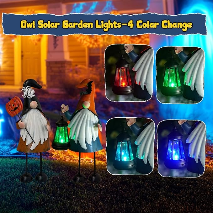 Halloween Decorations Outdoor Solar Gnomes with LED Lantern, Gnomes Metal Yard Art Halloween Outdoor Decor Patio Holiday Gardening Gifts for Mom Women
