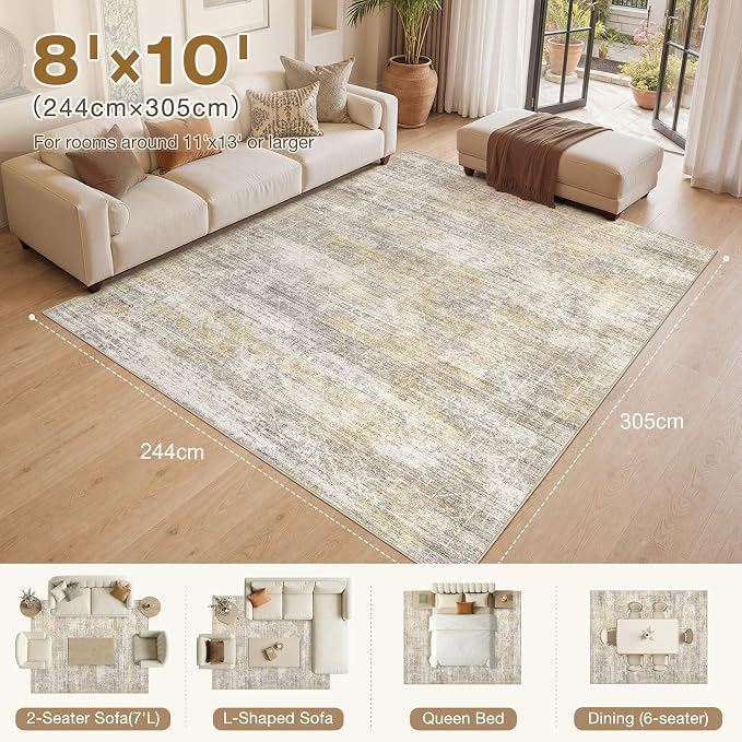 cotiled Boho 8x10 Area Rugs for Living Room: Large Moroccan Washable Rug | Solve Modern Neutral Trendy Home Decor - Stain Resistan Carpet for Bedroom Farmhouse Dining Room Gold Brown