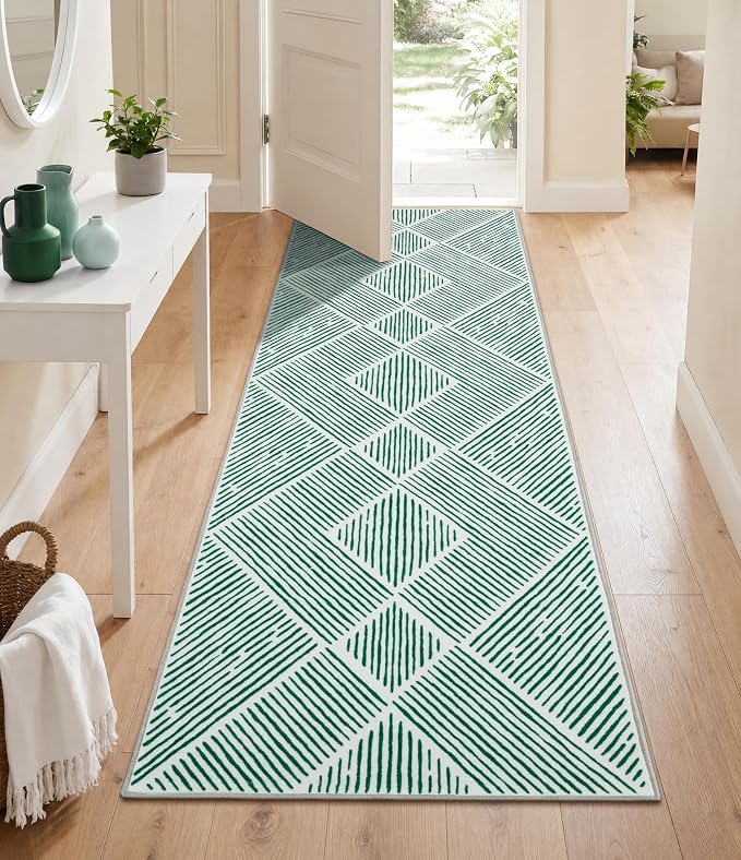 2‘x6' Washable Green Geometric Runner Rug for Kitchen Hallway | Non-Slip, Low Pile, Stain Resistant, Mid Century Modern Runner Long Rug for Entryway Bedroom