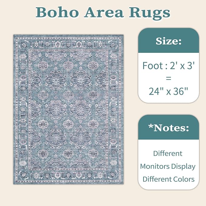 SERISSA 2x3 Washable Non Slip Floral Boho Small Area Rug for Entryway | Ultra Soft Vintage Floral Carpet Low-Pile Blue Grey Indoor Mat Throw Rug for Bedroom Kitchen Bathroom Entrance Floor