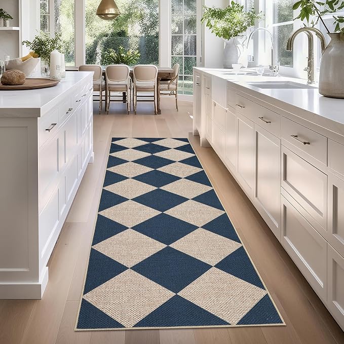 GarveeHome Easy Jute Rugs 2x8 Checkered Kitchen Runner Rugs Non Skid Washable Stain Resistant Indoor Outdoor Rugs for Living Room, Bedroom, Dining, Patio - Farmhouse Style Navy Blue