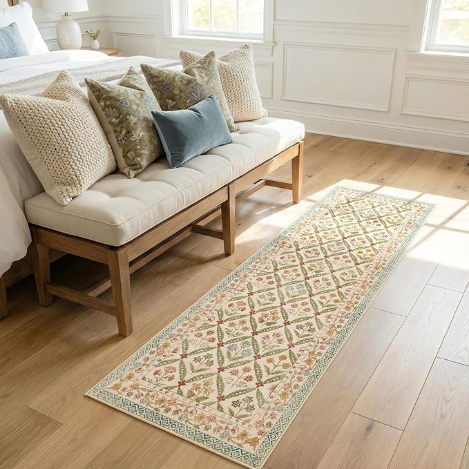 jinchan Runner Rug 2x6 Vintage Floral Washable Hallway Area Rug, Teal Blue | Soft & Lightweight, Checkered Floral, Low Pile, Non Slip, Entryway, Kitchen, Bedside, Laundry Room, Cottage Decor